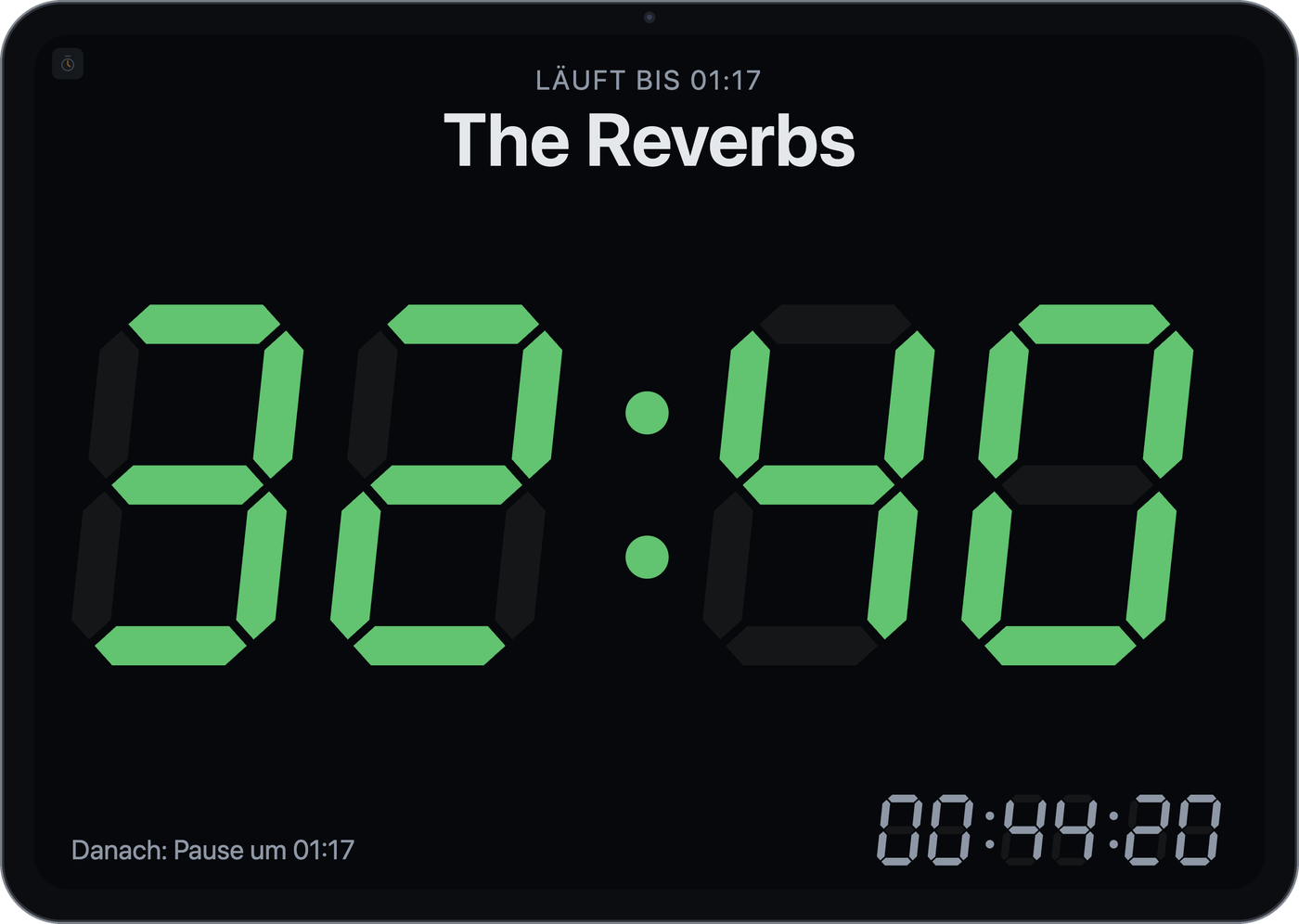 Timer-Fenster mit Restzeit als 7-Segment-Anzeige, laufendem und nächstem Slot und Uhrzeit
