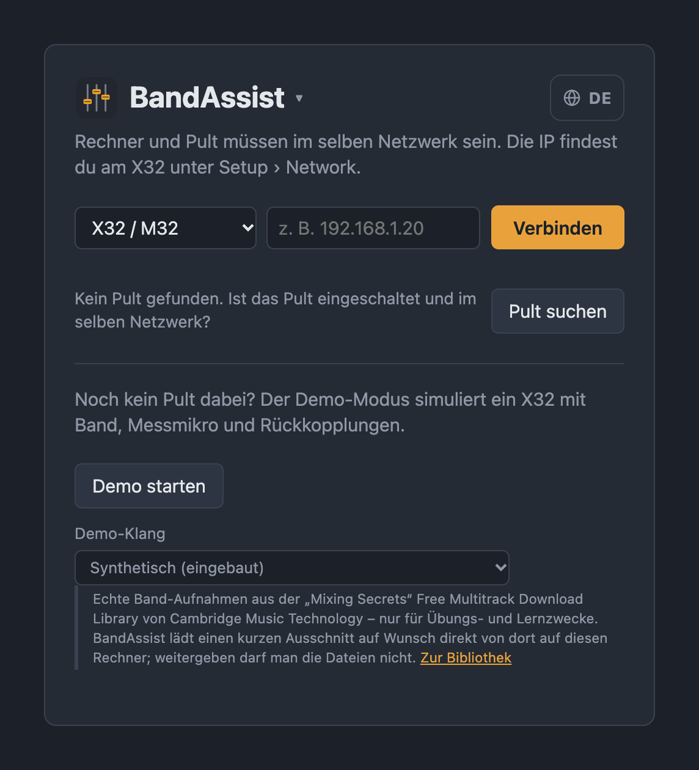 Startseite von BandAssist mit Pult-Auswahl, IP-Feld, Pult-Suche und Demo-Modus