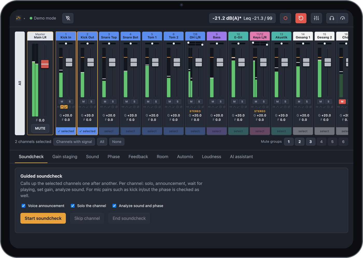 Mixer on an iPad with channel strips, levels and faders