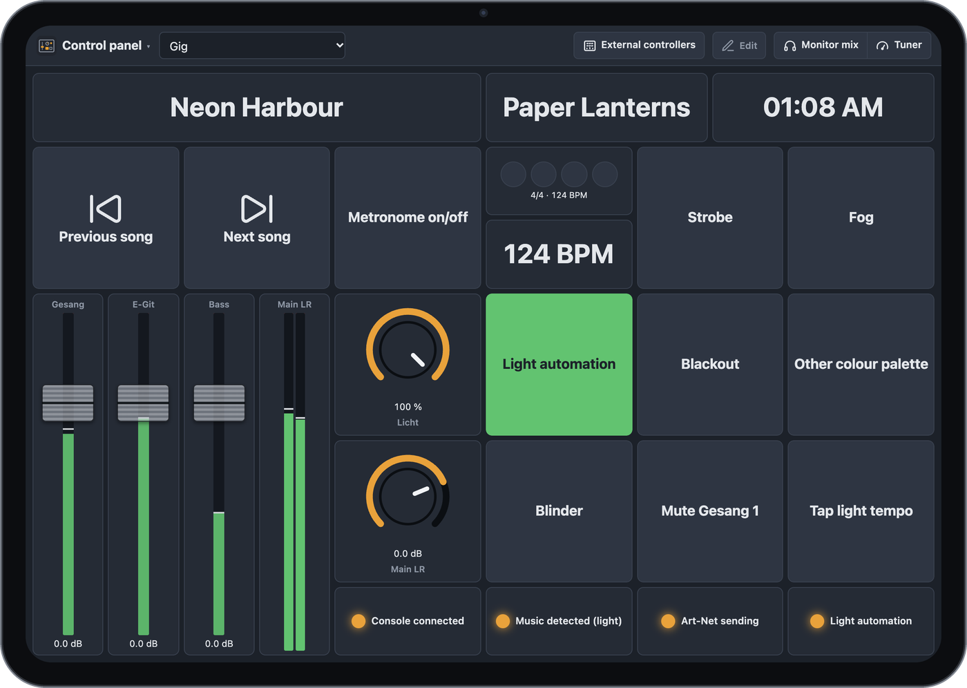 Control panel on an iPad: title, next song, time, buttons for songs, metronome, strobe, fog, light, faders, knobs and displays