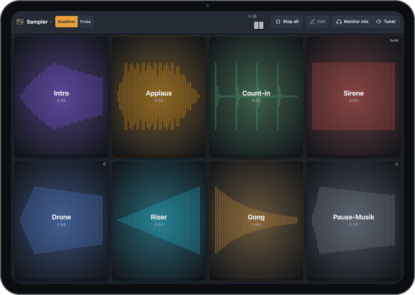 Sampler on an iPad with eight colored pads and waveforms