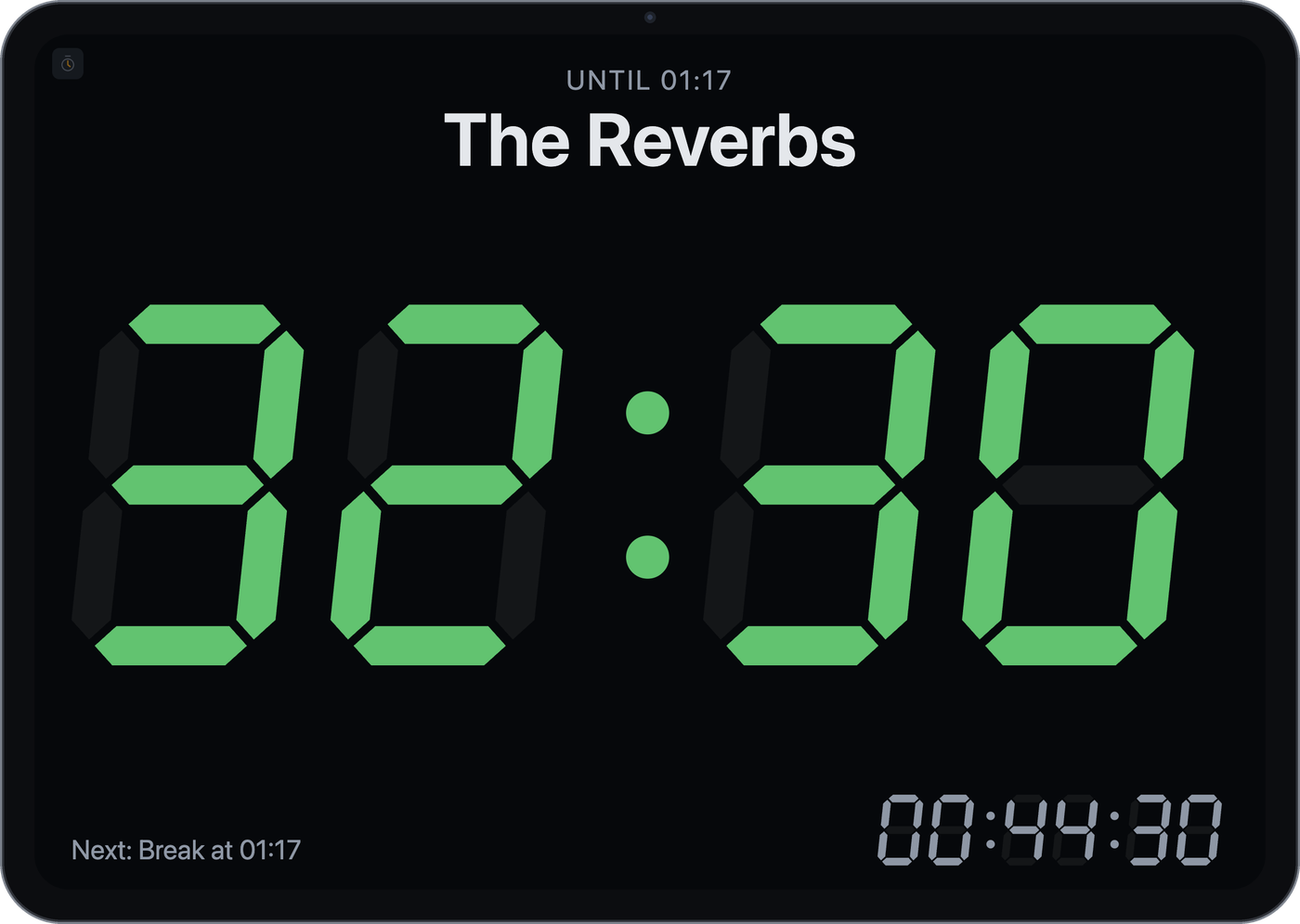 Timer window: remaining time for “The Reverbs” as a green 7-segment display, the end time above it, the next slot and the clock below