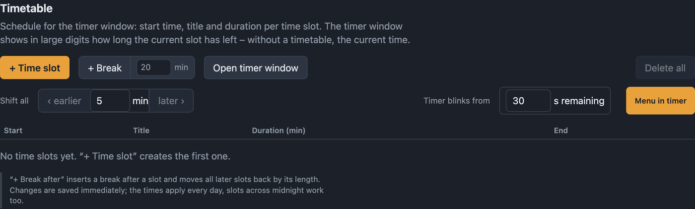 Settings Timetable with time slots, breaks and settings