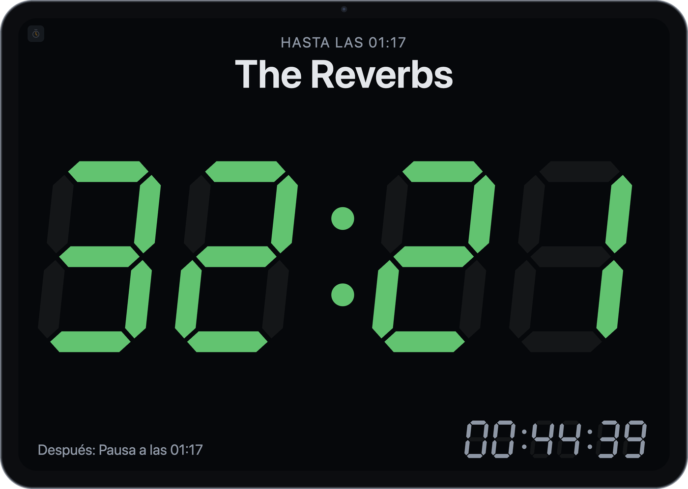 Ventana del temporizador: tiempo restante de «The Reverbs» en un display verde de 7 segmentos, encima la hora de fin, abajo la siguiente franja y la hora
