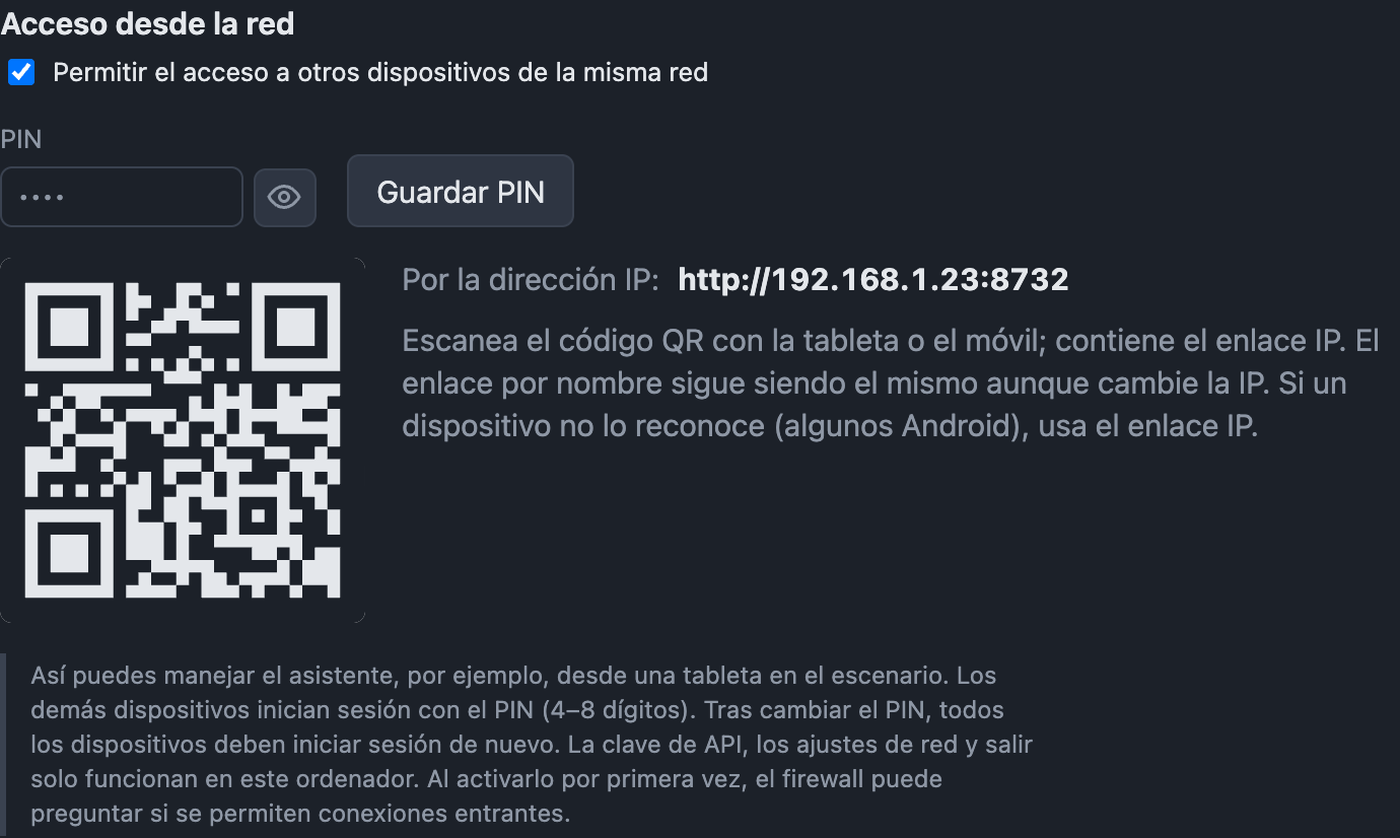 Ajustes de red con acceso, PIN, enlaces y código QR