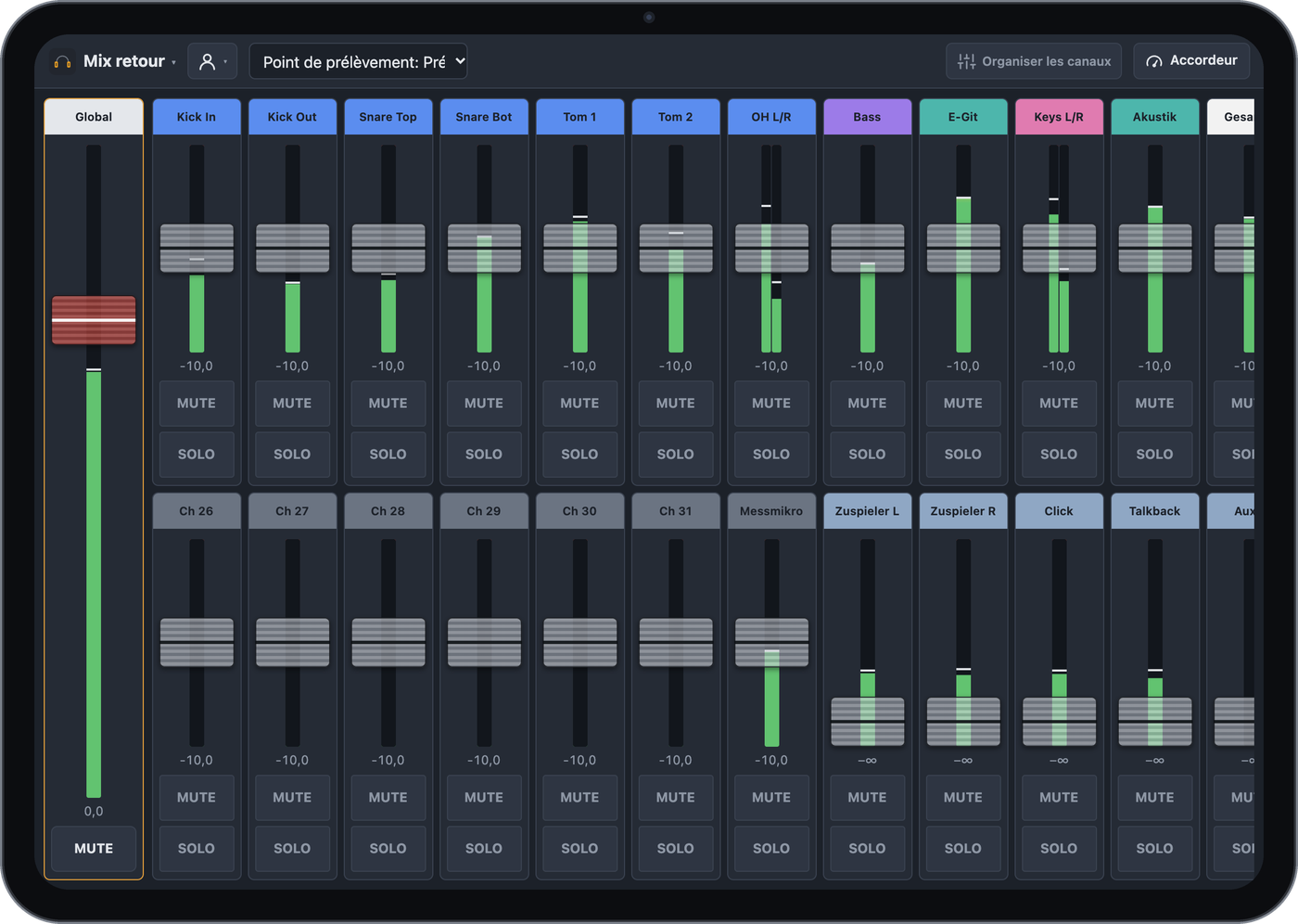 Mix retour sur un iPad : volume global et grands faders par canal avec MUTE et SOLO