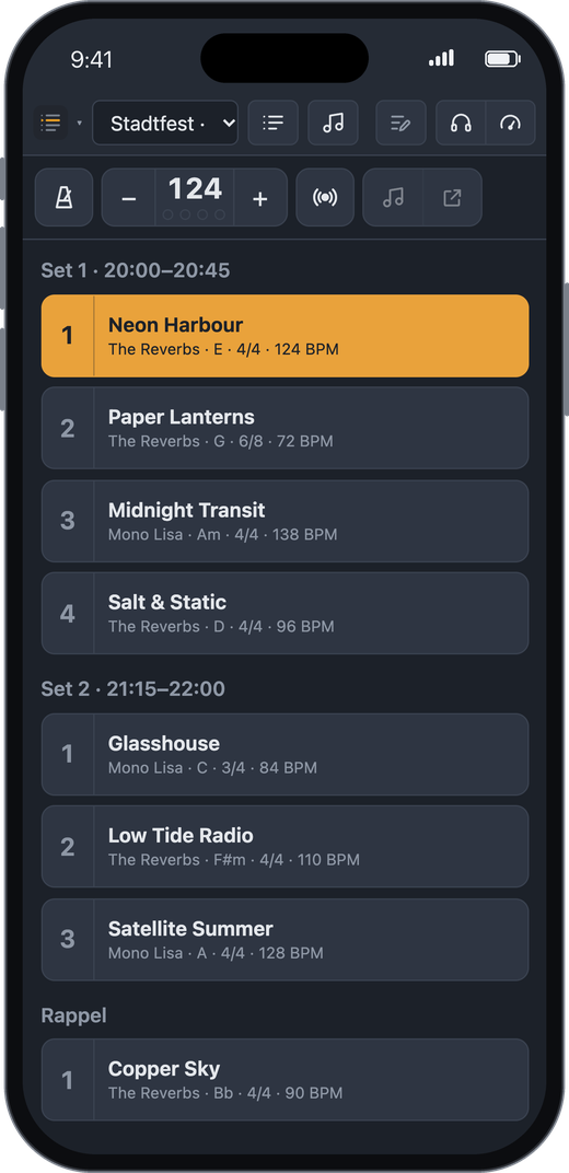 Vue Setlist sur un iPhone