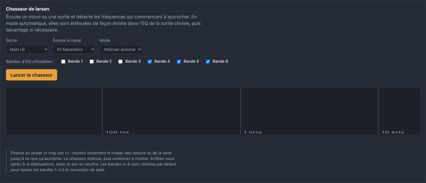 Onglet Larsen avec sortie, canal, mode et bandes d’EQ