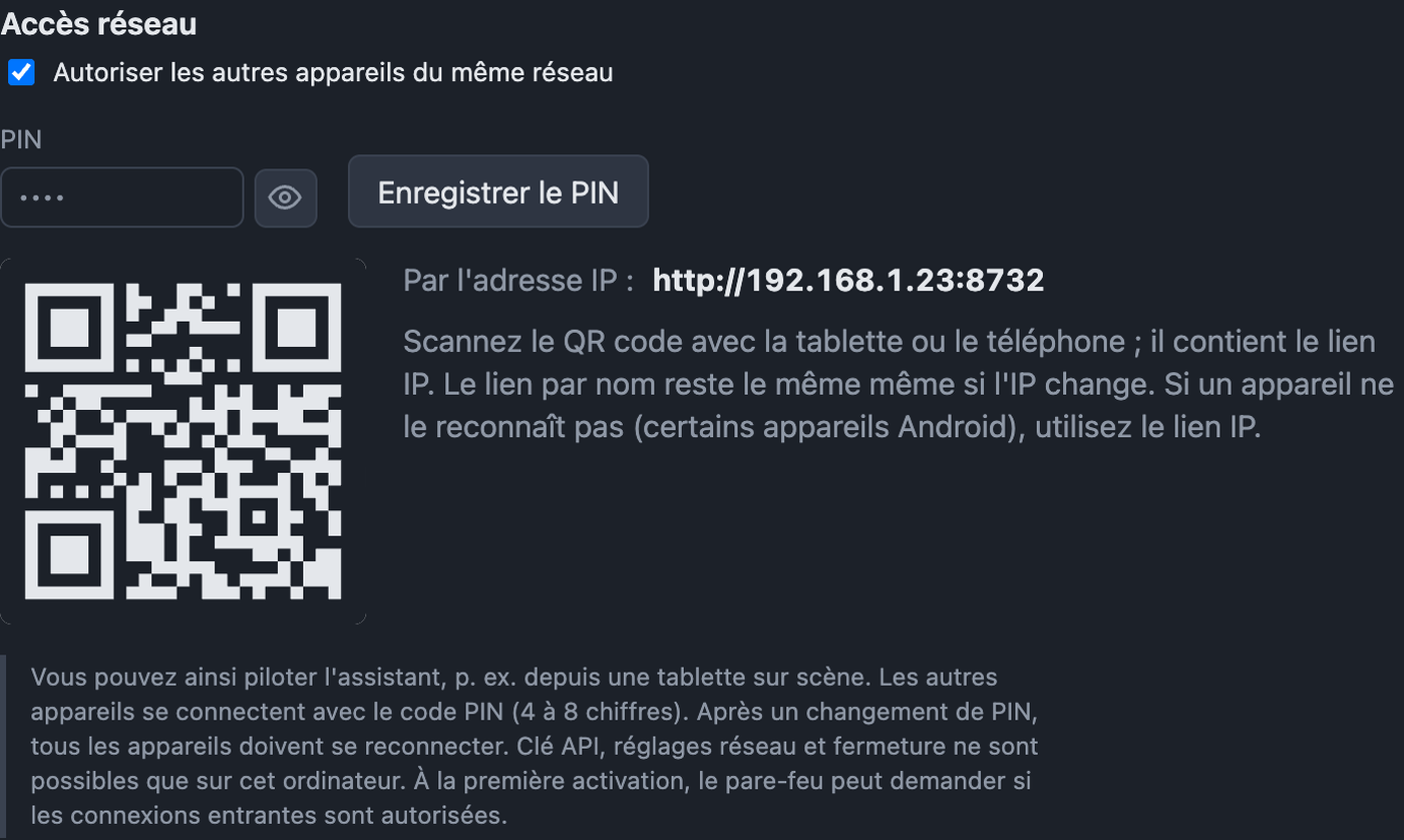 Réglages Réseau avec accès, code PIN, liens et QR code