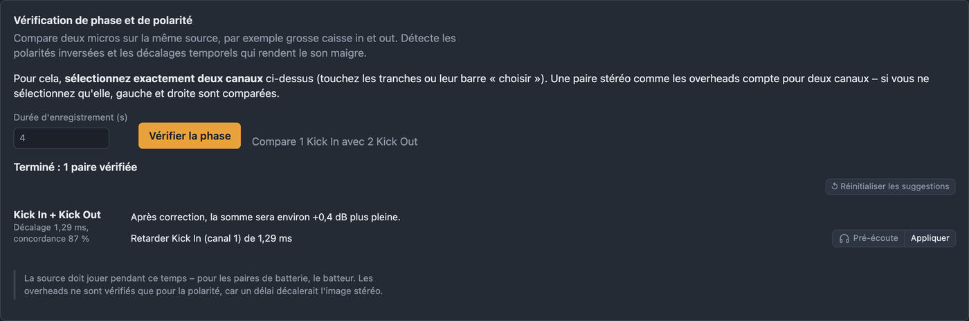 Onglet Phase avec résultat pour Kick In et Kick Out