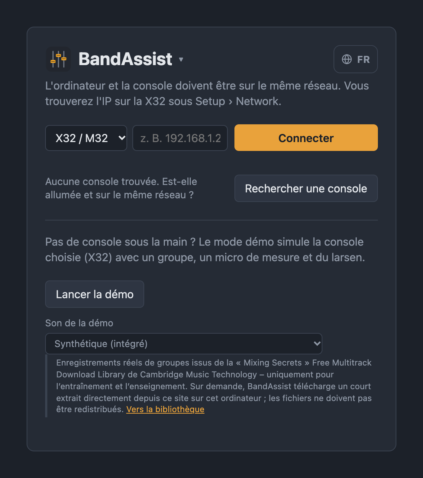 Page d’accueil de BandAssist avec choix de la console, champ IP, recherche de console et mode démo