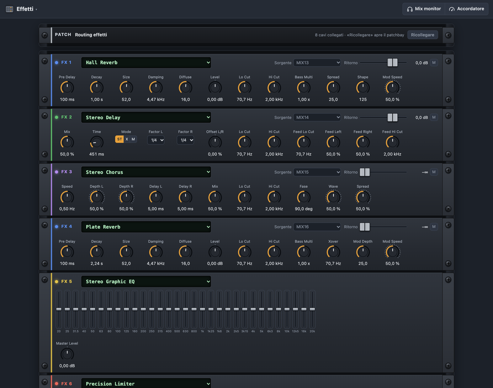 Rack effetti con patchbay, riverbero, delay, chorus ed EQ grafico come moduli con manopole