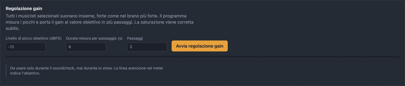 Scheda Regolazione gain con livello di picco obiettivo, durata della misura e passaggi