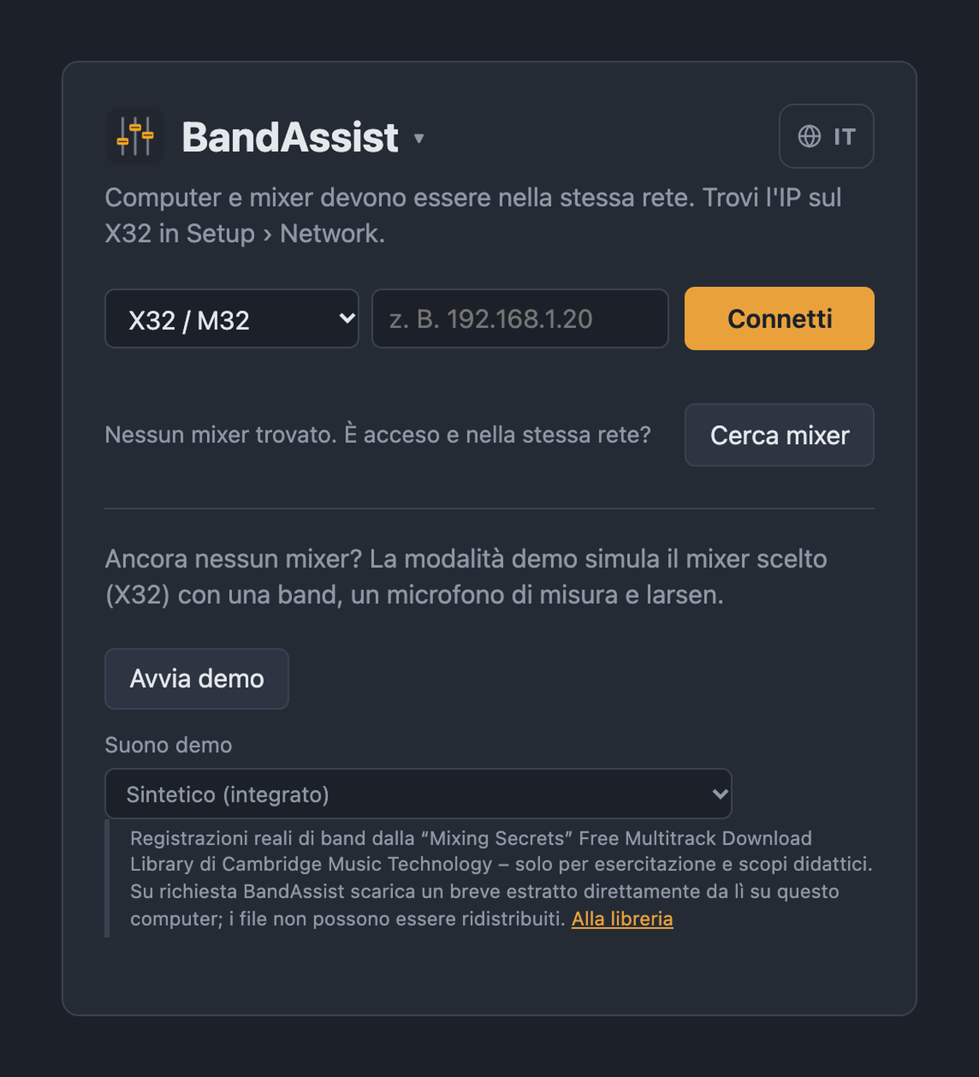Pagina iniziale di BandAssist con scelta del mixer, campo IP, ricerca del mixer e modalità demo