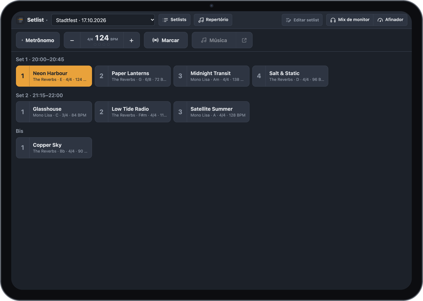 Visão Setlist num iPad: metrônomo com andamento, músicas por set como botões grandes, a música ativa em destaque