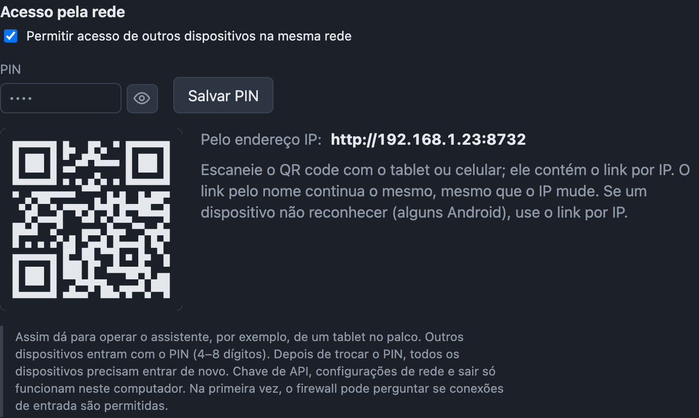 Configurações de rede com acesso, PIN, links e QR code