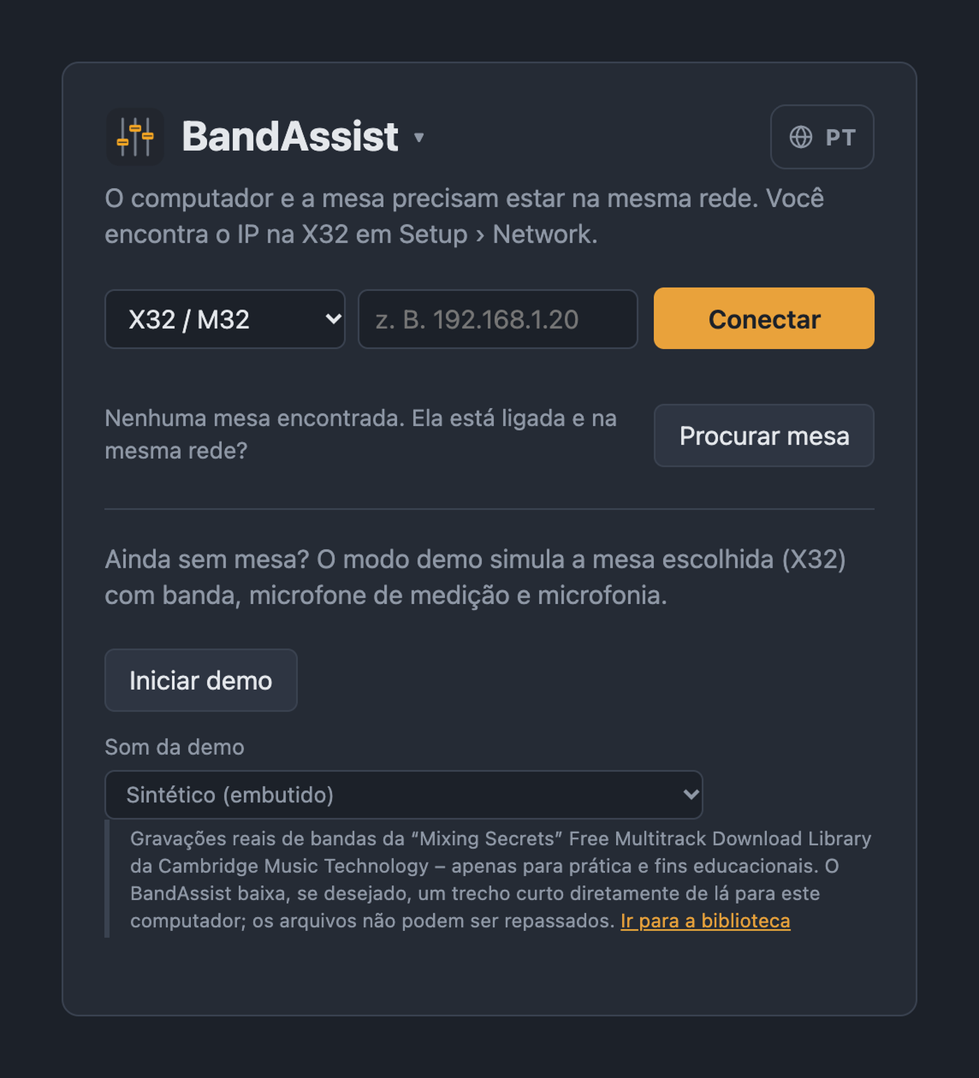 Página inicial do BandAssist com escolha da mesa, campo de IP, busca de mesas e modo demo